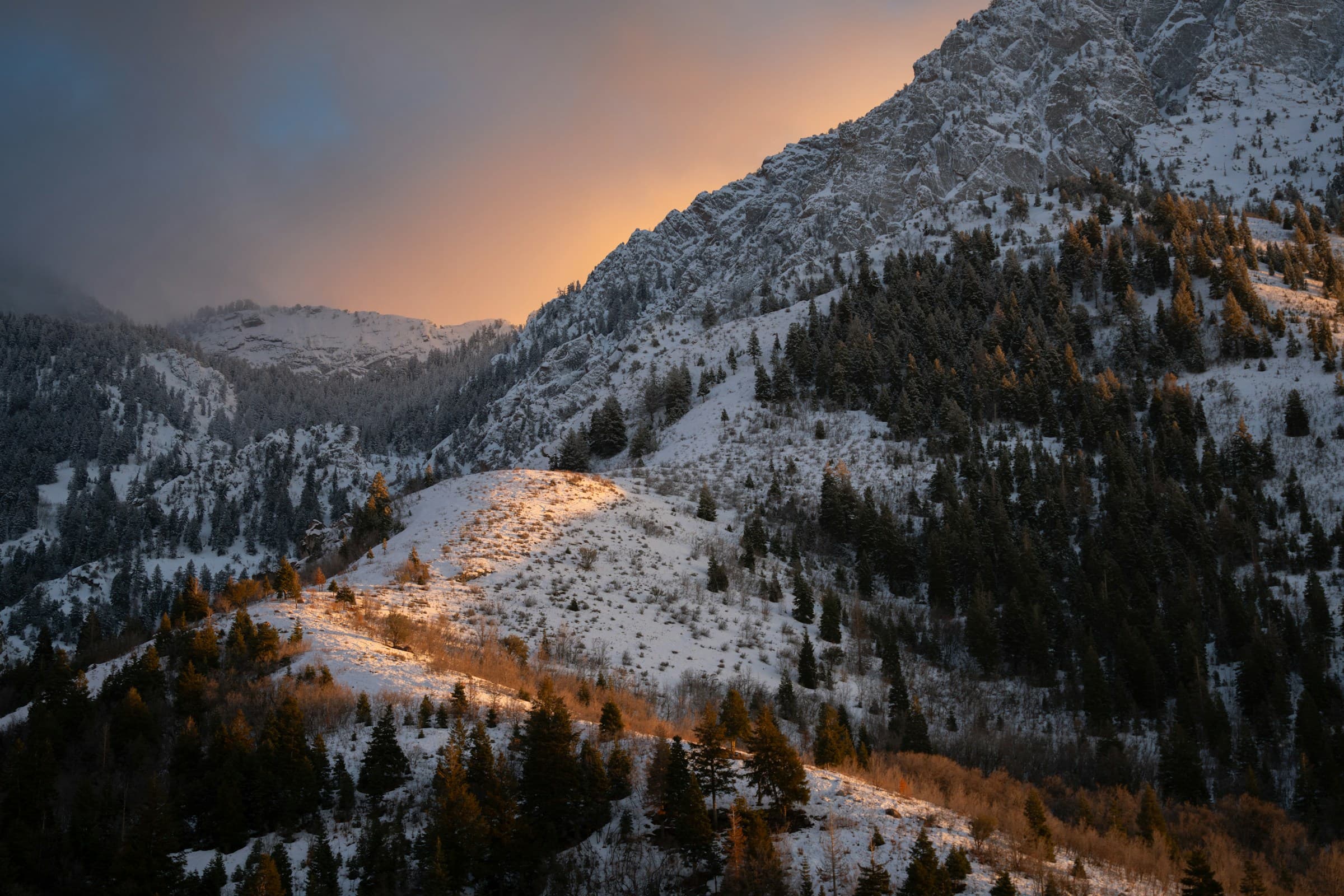 Snow-covered Mount Olympus at sunset in Salt Lake City